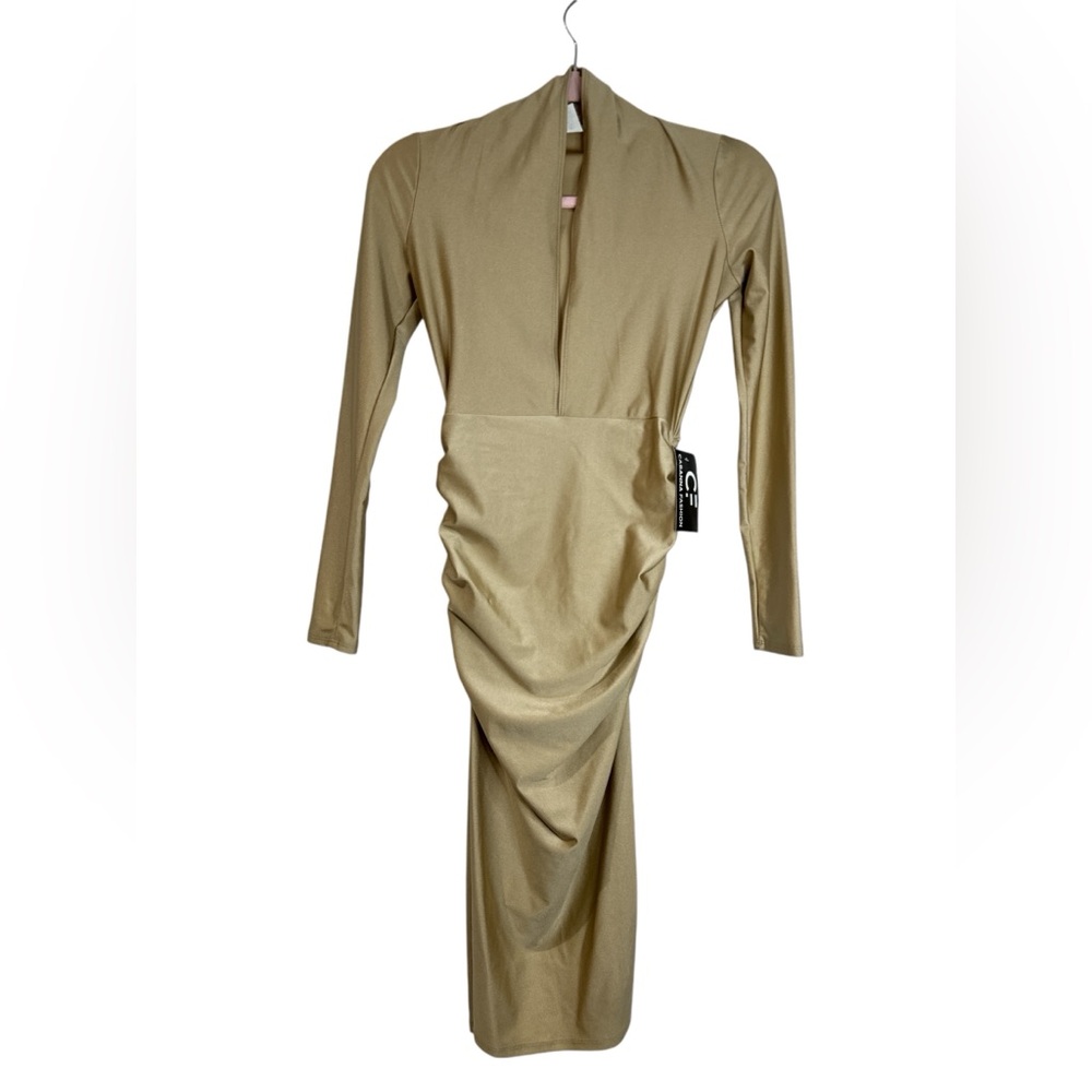 Champagne Midi Long Sleeves Rushed Dress Size S